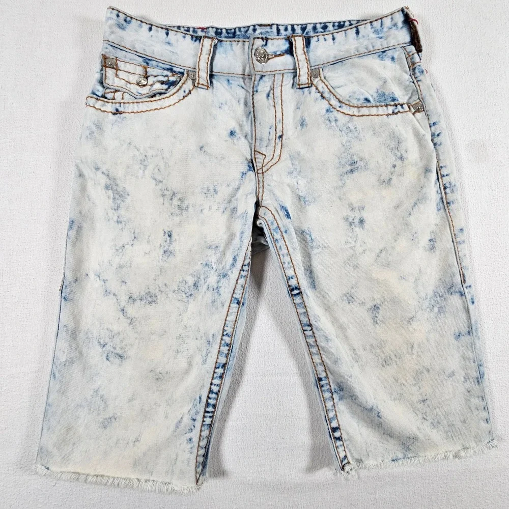 True Religion Cut-Off Shorts Mens 31 Blue Acid Wash Contrast Stitch Frayed Hem